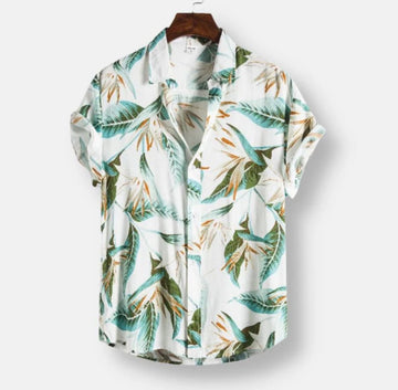 WHITE HAWAIIAN FLORAL PRINT SHORTSLEEVE SHIRT ELEGANCE.