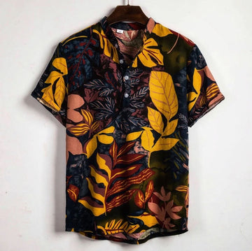 YELLOW HAWAIIAN FLORAL PRINT SHORT SLEEVE SHIRT ELEGANCE.