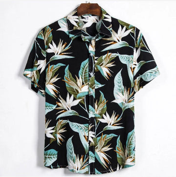 BLACK HAWAIIAN FLORAL PRINT SHORT SLEEVE SHIRT.