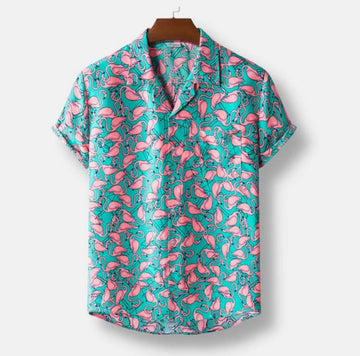 TURQUOISE-PINK HAWAIIAN FLORAL PRINT SHORT SLEEVE SHIRT ELEGANCE.